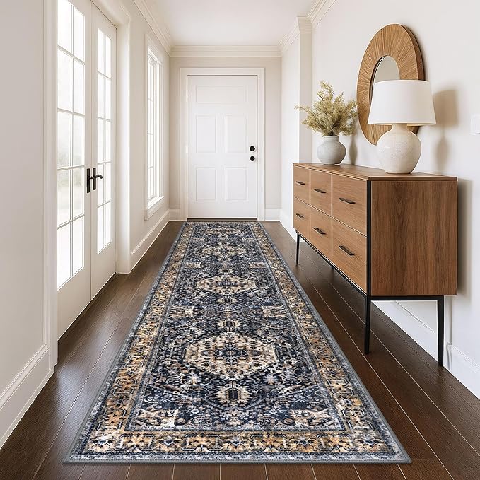 KOZYFLY Runners for Hallways 3x12 Ft Extra Long Washable Kitchen Thin Runner Boho Runner Rug for Entryway Indoor Printed Faux Wool Stair Runner Floor Carpet for Stair Kitchen Hall, Gold/Navy