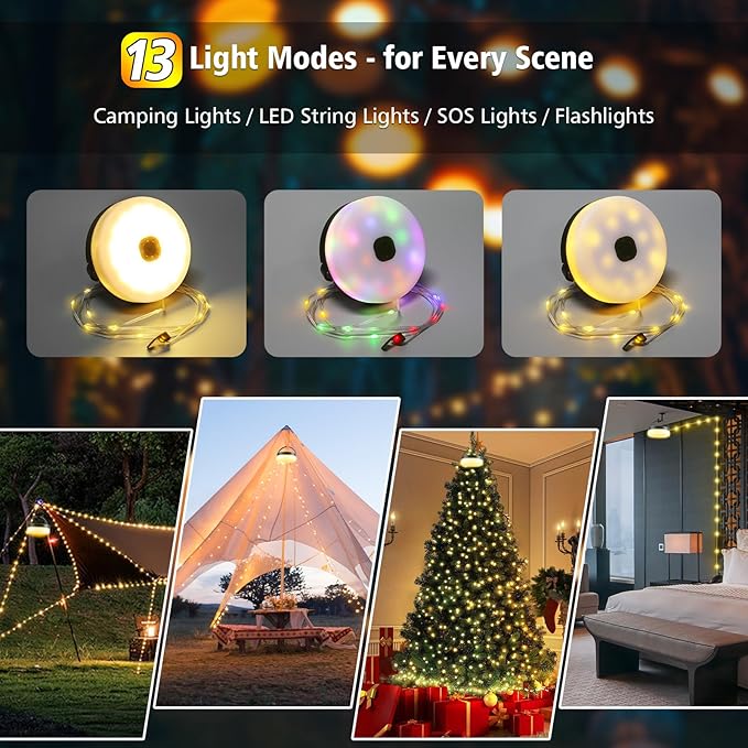 Solar Camping Lights 130LEDs,33 FT Fairy Lightswith 13 Lighting,Portable Waterproof 4 in1 Camping Lantern,Retractable Christmas Twinkle Lights Design & Hooks for Outdoor Garden Party Essentials