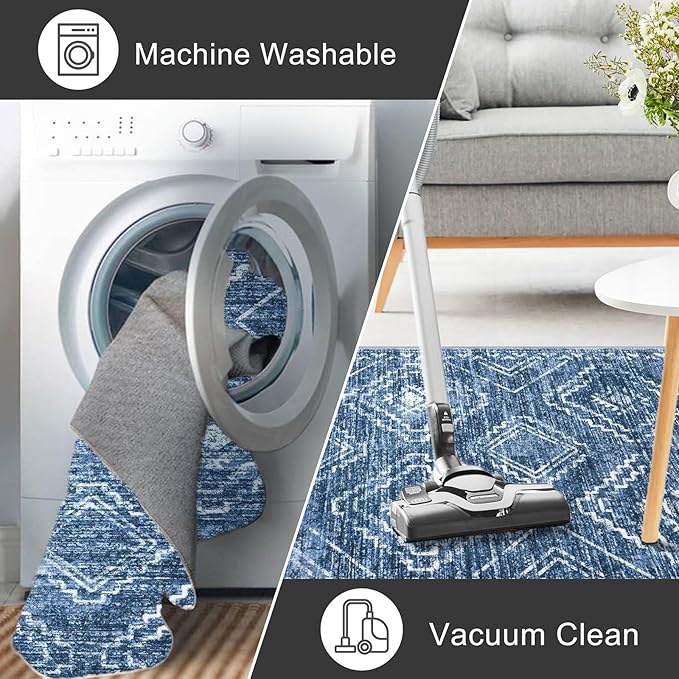 KILOCOCO Runner Rug 2x6 Hallway Runner Rugs Washable Kitchen Runners Non Slip Printed Distressed Blue Laundry Room Rug, Low-Pile Soft Rug Runners for Entryway Bedroom Living Room Bathroom