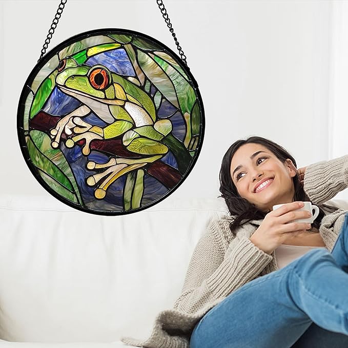 Stained Glass Window Hanging, Teal Frog Sun Catcher for Door Home Decor Green Suncatcher Christmas Mother's Day Birthday Gifts for Women Men Mom and Nana 6.3 in