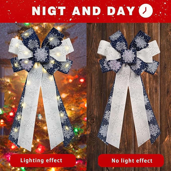 Hying Large LED Christmas Bows for Wreath, Merry Christmas LED Wreath Bow White Snow Burlap Bows with LED Lights Xmas Tree Topper Bows for Front Door Happy New Year Christmas Party Decoration Supplies