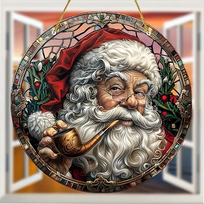 Christmas Santa Gingerbread Man Acrylic Disc Ornament for Tree, Wall, Window, Holiday Home Party Decoration (B)
