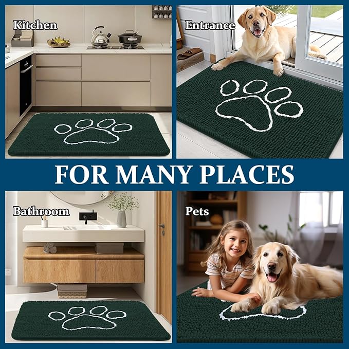 OLANLY Dog Door Mat for Muddy Paws 47x32, Paw Print Design, Absorbs Moisture and Dirt, Absorbent Non-Slip Washable Doormat, Quick Dry Chenille Mud Mat, Entry Indoor Entryway Carpet, Blackish Green