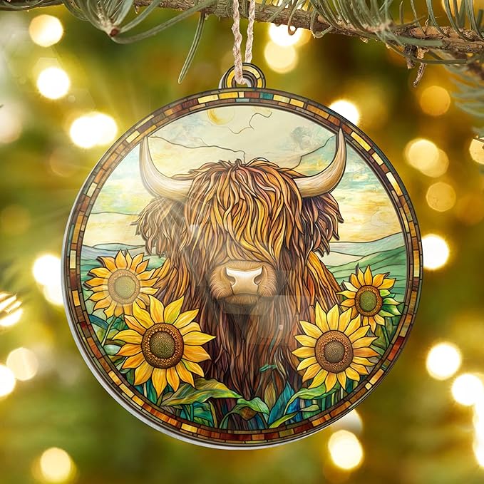 GEEMBI Christmas Highland Cow Gifts for Women Men - Suncatcher Ornaments for Tree 2025 - Highland Cow Ornaments for Christmas Tree, Animal Lover Gifts for Mom Dad, Farmhouse Decor Xmas Decorations