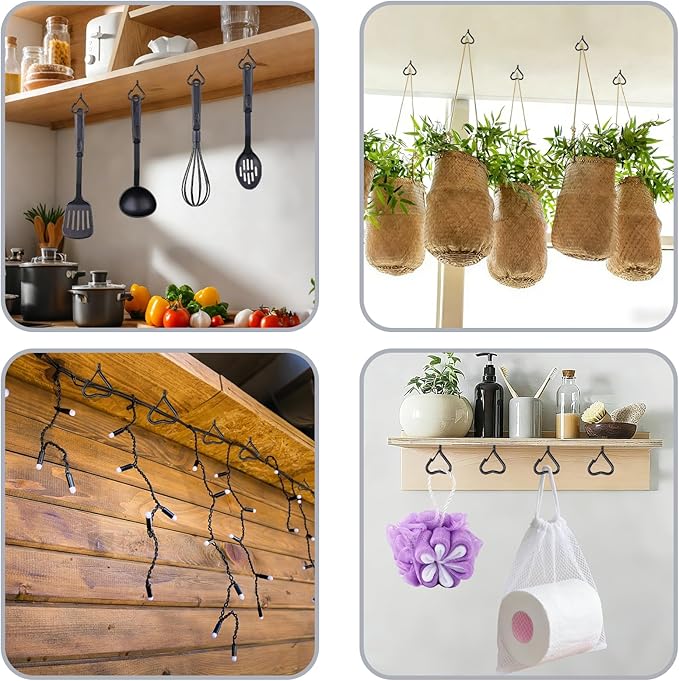Hooks for Hanging - Ceiling Hooks for Outdoor Decor, Metal Key Hook, Decorative Plant Hanging, Clothes Hook, Heart-Shaped Screw Hooks Easy Installation (Black, 10Pcs)