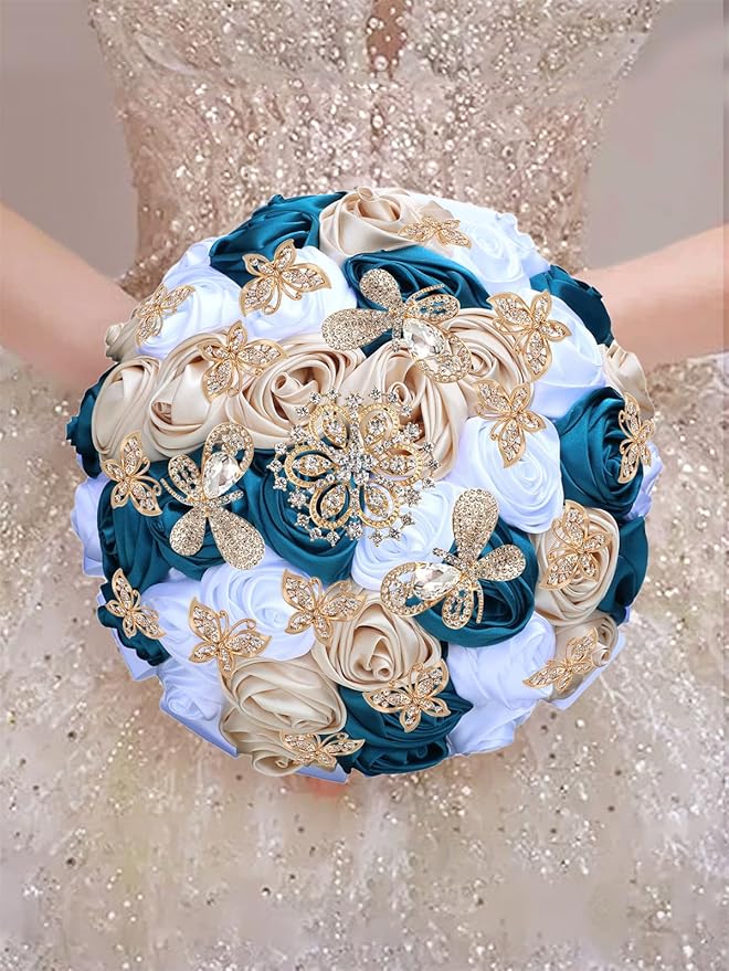 Handmade Floral Satin Rose Butterfly Shape Rhinestone Bridal Bouquet Luxury Golden Rhinestone Artificial Flowers for Wedding