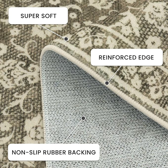 Vintage Washable 2x5 Rug Runner, Taupe Brown Runners for hallways, Super Soft Kitchen Runner Rug Non Slip, Print Faux Wool Floral Thin Carpet Runner for Entryway Indoor Bedroom