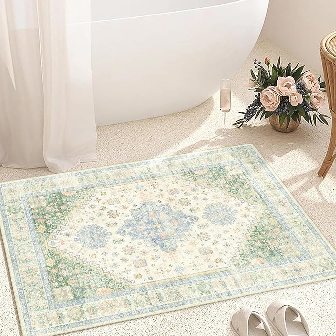 MUJOO Small Rug,2x3 Washable Area Rugs for Bathroom Entryway Entry Entrance Bedroom,Indoor Front Door Mat Non Slip Throw Carpet Low Pile Boho Light Green and Blue