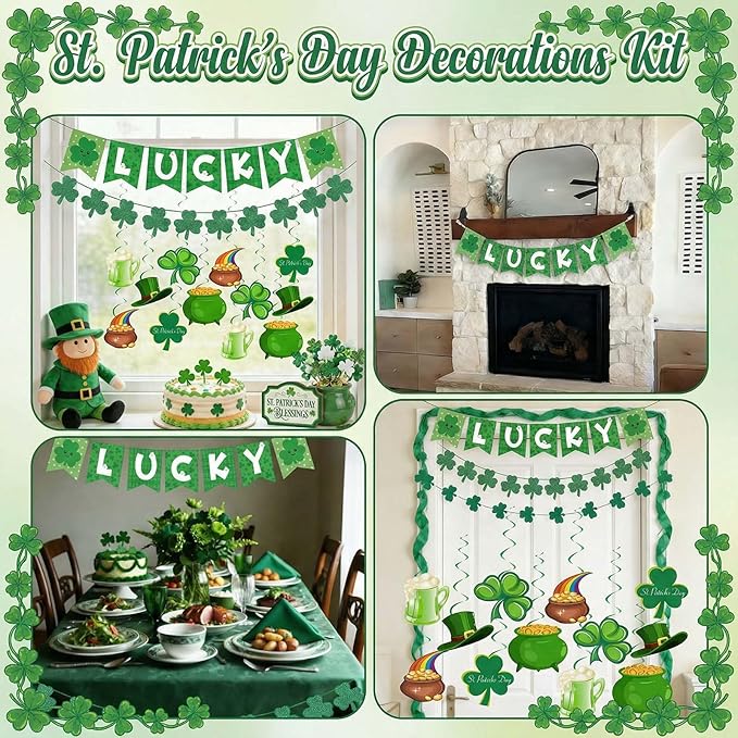 Go Ho St Patricks Day Decorations Kit, Shamrock Garlands, Lucky Banner, Clover Hanging Swirls, Irish Decor for Home Office, Green Saint Patrick's Day Party Supplies Bulletin Board