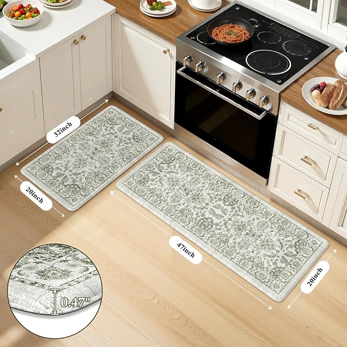 KIMODE Anti Fatigue Mats for Kitchen Floor Non Slip,Boho Vintage Floral Rugs Sets of 2,Cushioned Carpet Non Slip for Laundry,Wide Memory Foam Runner for Sink Office,Green 20"x47"+20"x32"