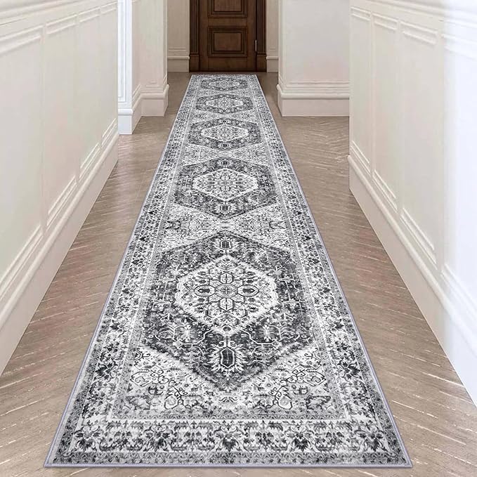 KOZYFLY Runners for Hallways 2x12 Ft Extra Long Washable Kitchen Runner Rug Boho Runner Rug for Entryway Indoor Printed Faux Wool Stair Runner Floor Carpet for Stair Kitchen Hall, Grey