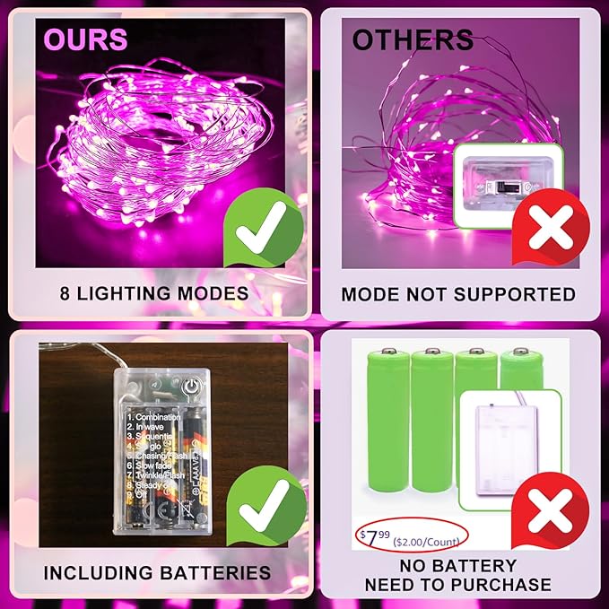 Pink Fairy Lights Battery Operated (Included), 8 Modes & Auto Timer, 4 Packs 5m 50Led Mini Twinkle Silver Wire Firefly Starry Lights, Waterproof Battery Operated Lights for Mason Jars Parties