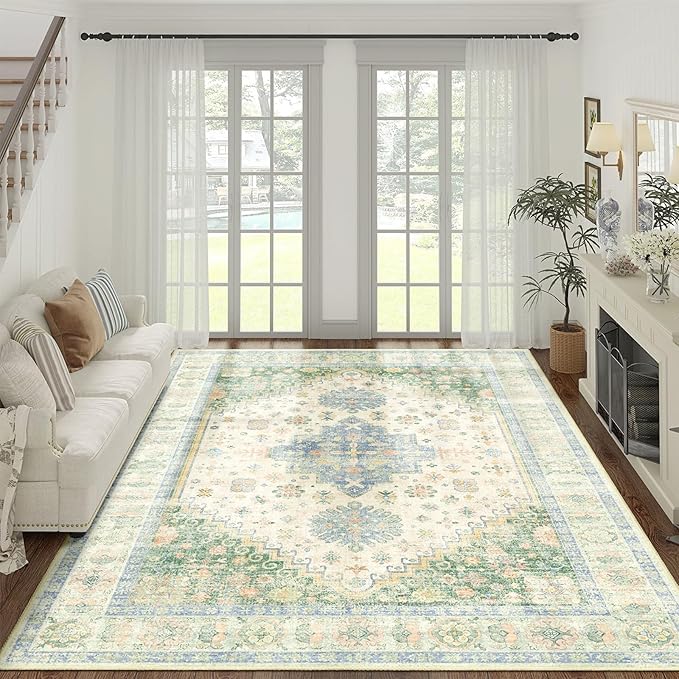 MUJOO 8x10 Area Rugs,Washable Rugs for Living Room Dining Room Bedroom,Large Boho Throw Carpet,Non Slip Big Indoor Low Pile Light Green and Blue