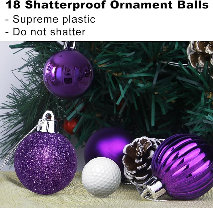 18Pcs Christmas Balls Ornaments for Xmas Tree - Shatterproof Christmas Tree Decorations Medium Hanging Ball Purple 2.5in x 18 Pack