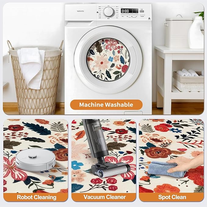 Tangsoo Runner Rug for Hallways Kitchen Rug, Non Slip 2x6 Washable Boho Floral Rug Runner for Entryway, Low Pile Carpet Door Mat Indoor Entrance for Kids Room Bedroom Laundry Office(White/Beige)