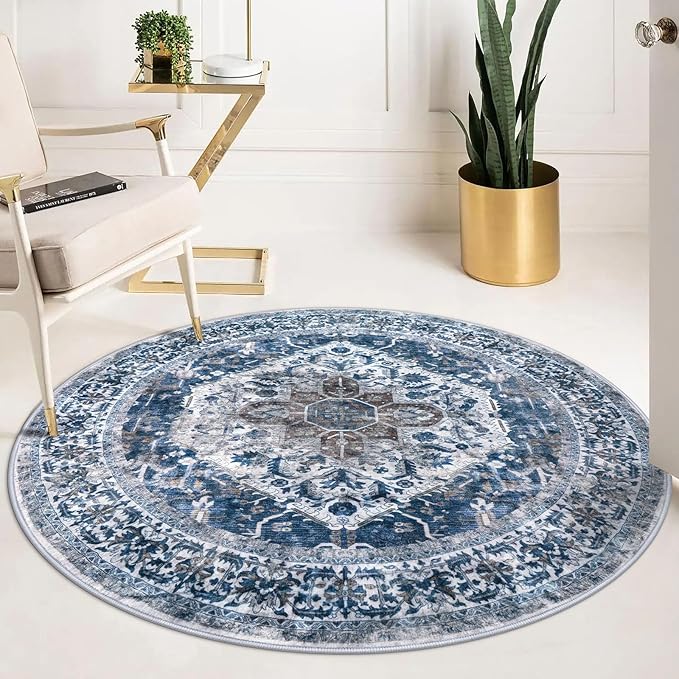 KOZYFLY Round Rug 5 Ft Rugs for Entryway Washable Circle Entrance Rug Non Slip Round Doormat Indoor Printed Faux Wool Round Front Door Mat Floor Carpet for Backdoor, Entryway, Bedroom, Blue