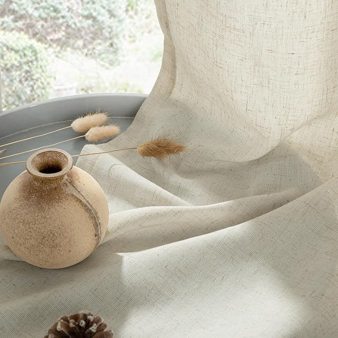 YoungsTex Beige Linen Semi Sheer Curtains 54 Inches Length for Short Windows, Light Filtering Drapes with Grommet Rustic Privacy for Bathroom Kitchen Bedroom, 2 Panels, 52 X 54 Inch