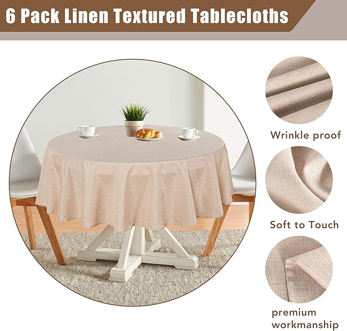 Fitable Faux Linen Round Tablecloths 90 Inch, 6 Pack - Fabric Textured Table Clothes for Round Folding Tables, Washable Neutral Table Covers for Wedding, Party, Banquet, Birthday, Beige