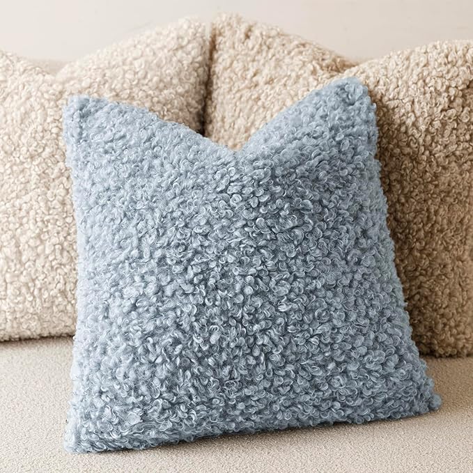 Foindtower Set of 2 Curly Teddy Wool Pillow Covers Decorative Boucle Textured Lumbar Throw Pillow Faux Fur Sherpa Pillowcases Sheepskin Fuzzy Cushion Case for Sofa Bedroom Car 12"x20" Misty Blue