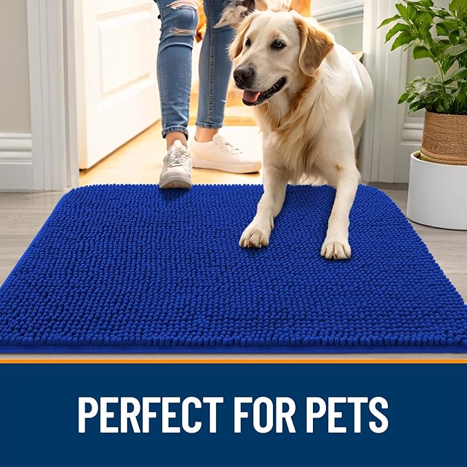 OLANLY Dog Door Mat for Muddy Paws 47x24, Absorbs Moisture and Dirt, Absorbent Non-Slip Washable Doormat, Quick Dry Chenille Mud Mat for Dogs, Entry Indoor Entryway Carpet for Inside Floor, Royal Blue