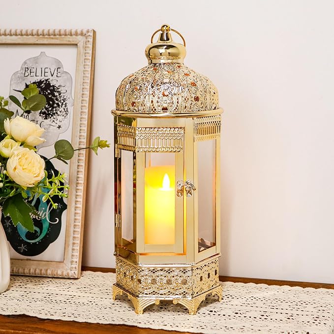 TRIROCKS Moroccan Candle Lantern16'' Gold Hexagonal Candle Holder with Tempered Glass Decorative Indoor Outdoor Ramadan Lantern for Living Room Garden Yard Patio Parties Events (Gold)
