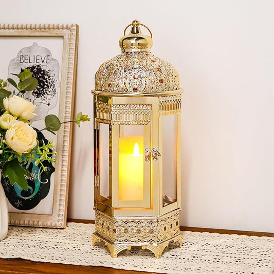 TRIROCKS Moroccan Candle Lantern16'' Gold Hexagonal Candle Holder with Tempered Glass Decorative Indoor Outdoor Ramadan Lantern for Living Room Garden Yard Patio Parties Events (Gold)