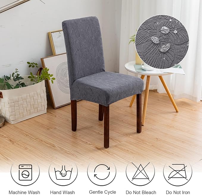 Genina 100% Waterproof Dining Room Chair Covers Set of 4 Stretch Kitchen Chair Covers Parsons Chair Slipcovers for Dining Room Chair Protector Cover, Removable, Washable (Leaf Pattern-Dark Gray, L)
