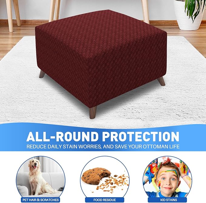 MAXIJIN Jacquard Ottoman Cover Slipcovers Folding Storage Stool Furniture Protector Cover Soft Thick Rectangle Foot Rest Slipcover with Elastic Bottom (Ottoman Small, Wine Red)