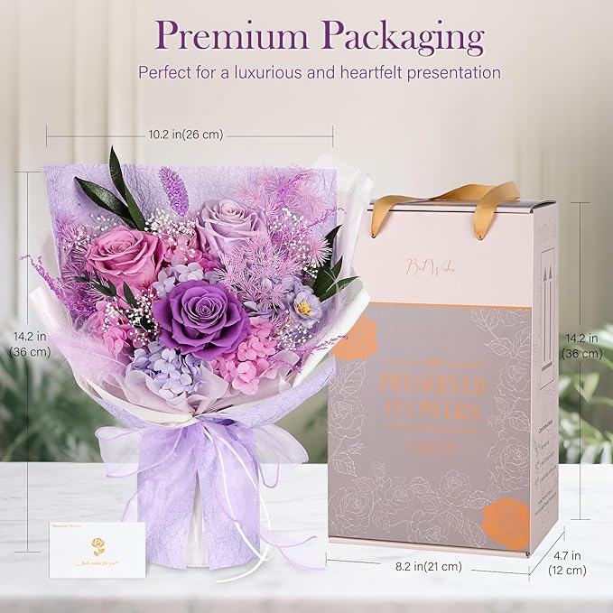 Preserved Bouquet of Flowers - 3 Roses & Flowers for Delivery, Long-Lasting Real Lavender Forever Flowers, Eternal Roses Bouquet for Mothers, Mom, Wife Anniversary Birthday Gifts for Women Grandma