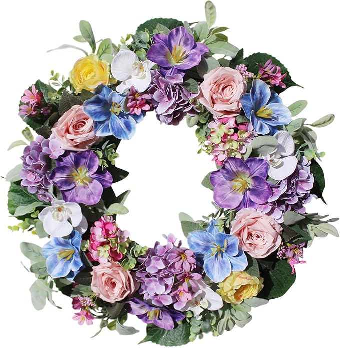 24 Inch Spring Summer Wreaths for Front Door, Spring Summer Door Wreaths, Artifical Floral Flowers Wreath with Purple Hydrangea,Pink Rose,Blue Tulip,Large Wreaths for Spring Summer Outdoor Home Decor