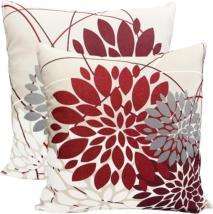 Decorative Throw Pillow Covers Set of 2 Wine Red Pillow Covers 22x22 inch Linen Square Pillow Cases,Farmhouse Modern Geometric Floral Outdoor Pillow Cover for Couch Sofa Living Room Bedroom