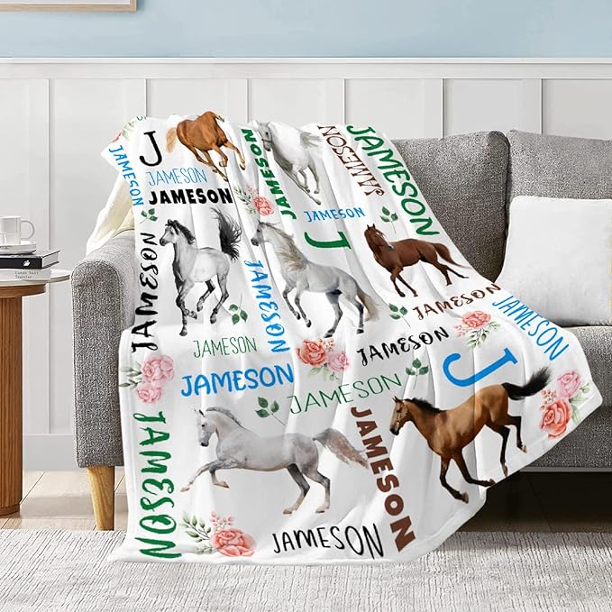 Custom Personalized Name Blanket with Floral, Ultra Soft, King Size for Horse Lovers
