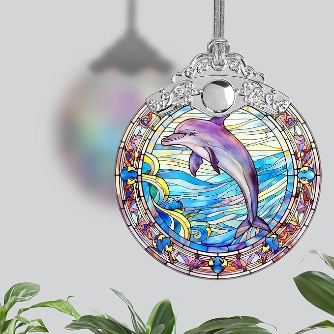Stained Glass Christmas Ornament, Jocidea Dolphin Christmas Decorations, Christmas Tree Ornament, Dolphin Lovers Gifts, Holiday Decor and Xmas Gifts Ideas