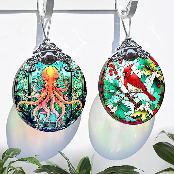 Stained Glass Christmas Ornament, Jocidea Octopus Christmas Decorations, Christmas Tree Ornament, Octopus Lovers Gifts, Holiday Decor and Xmas Gifts Ideas