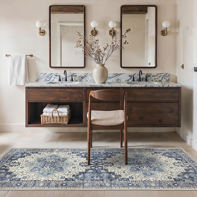 2'6''x6 Runner Rugs for Hallway, Machine Washable Non Slip Vintage Rugs, Low Pile Lightweight Soft Print Rug for enrtyway, Corridor, Home Office, Kitchen, Center Blue