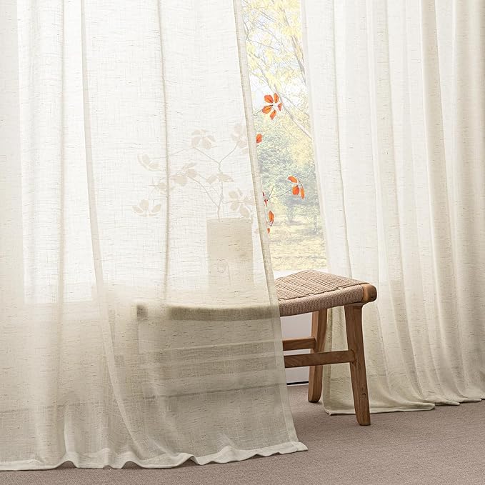 ANRODUO Ivory Semi Sheer Linen Curatins 96 inch Length 2 Panels Set Cream White Back Tab Light Filtering Privacy Drapes 96 inch Long Boho Rustic Cotton Textured Gauze for Bedroom Living Dining Room