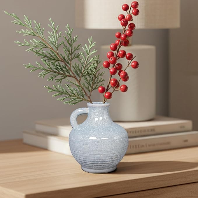 Sunddo Blue Ceramic Vases for Home Decor, 6 Inch Modern Decorative Vase with Handle, Small Flower Vase for Centerpiece, Entryway Living Room Dining Table Farmhouse Office Decor