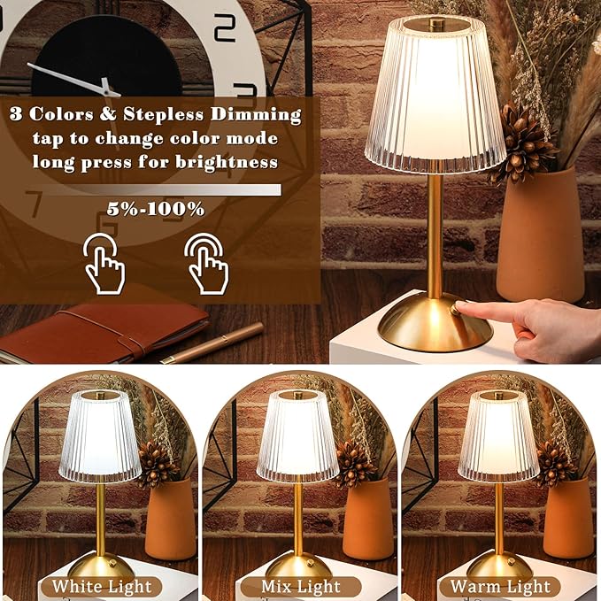 Liliful 2 Pcs LED Portable Cordless Table Lamp Touch Battery Operated Rechargeable Gold Desk Lamp 3 Color Dimmable for Bedroom Living Room Dining (Gold,Hollow Lined Style)