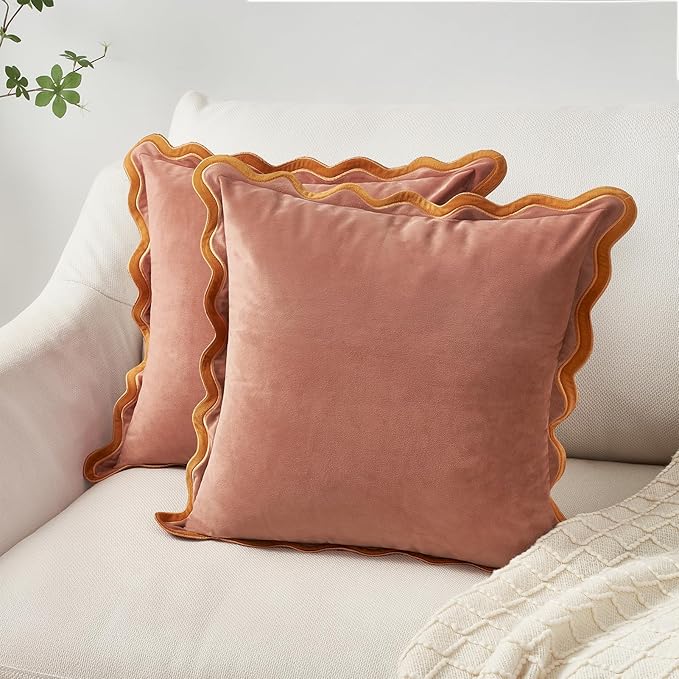 MONDAY MOOSE Decorative Throw Pillow Covers Cushion Cases, Set of 2 Soft Velvet Scalloped Wavy Edge Designs, Mix and Match for Home Decor, Pillow Inserts Not Included (18x18 inch, Pink/Honey)