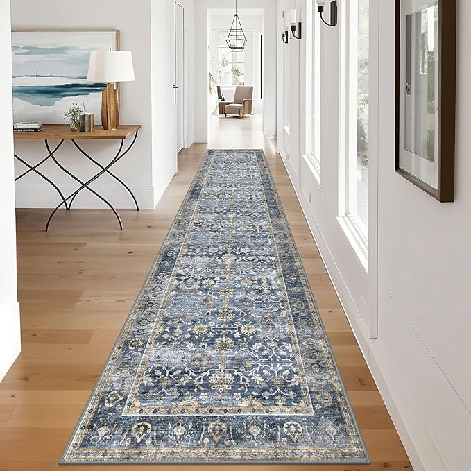 KUTA Vintage Long Runners for Hallways, 2.6x12 Blue Grey Beige Washable Non-Slip Kitchen Rugs Ultra Thin Soft Printed Distressed Oriental Floral Floor Carpet for Laundry Bedroom Living Room Nursery