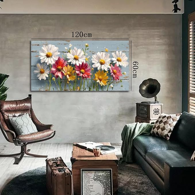 KZKU Rustic Daisy Floral Canvas Wall Art-White Pink Yellow Flowers on Blue Wood Background- Large Modern Farmhouse Decor for Living Room Bedroom24X48in