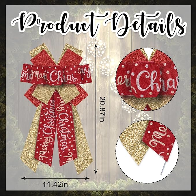 Hying Large Christmas Bows for Wreath, Christmas Wreath Bow Glitter Golden Red Burlap Bows Xmas Tree Topper Bows Ornaments for Front Door New Year Christmas Party Decoration Supplies