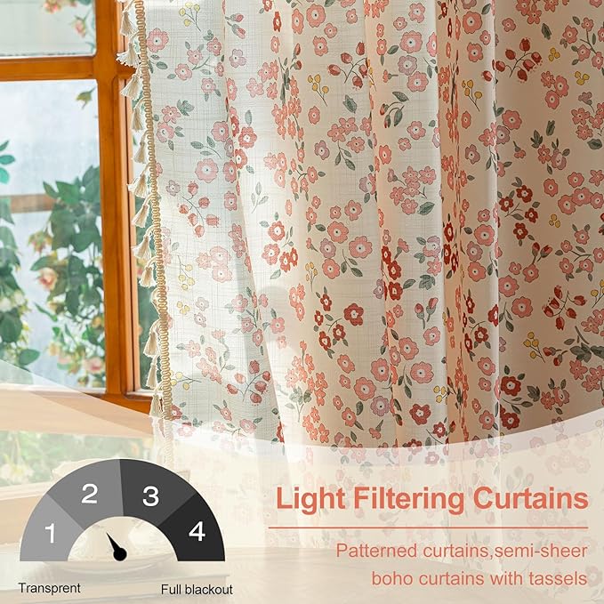 OYX Pink Boho Farmhouse Floral Curtains 84 Inch Long 2 Panels For Living Room, Flower Girl Bedroom Light Filtering Drapes, Vintage Country French Patterned Rod Pocket Aesthetic Decor Window Treatments