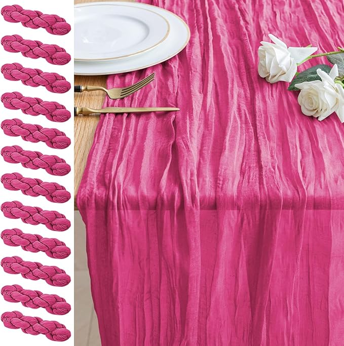 12PCS Table Runner Cheesecloth 10FT Deep Pink Boho Gauze Cheese Cloth Rustic Sheer Table Runners for Wedding Birthday Bridal Baby Shower Party Decoration