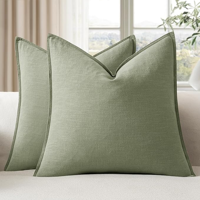 EMEMA Decorative Linen Throw Pillow Covers 18x18 Inch Grass Green Boho Farmhouse Neutral Couch Throw Pillows for Bed Pack of 2 Accent Pillowcase Modern Sofa Cushion Livingroom Home