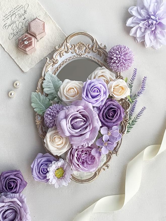 Roses Artificial Flowers Purple Bouquets Box Set Fake Flower with Stems Bulk for DIY Bridal Wedding Shower Decorations Faux Floral Arrangements for Party Table Centerpieces Home Decor Indoor