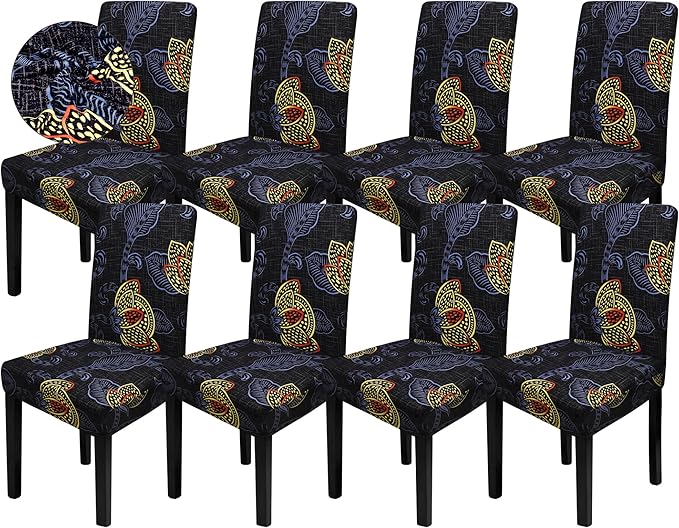 Sufdari Dining Chair Covers,Kitchen Chair Cover,Parsons Chair Slipcover,Spandex Chair Protectors for Dining Room Stretch Chairs Cover Set of 8 -Gold Leaves