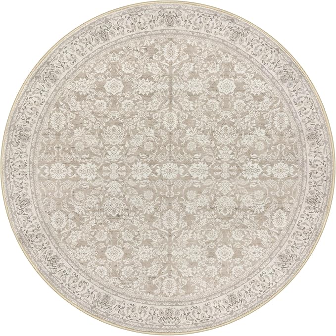 3' Round Rug Washable Rug for Entryway, Cream Beige White Grey Soft Non-Slip Area Rugs Distressed Floral Low-Pile Carpet, Neutral Vintage Circle Rugs for Living Room Dining Bedroom Foyer