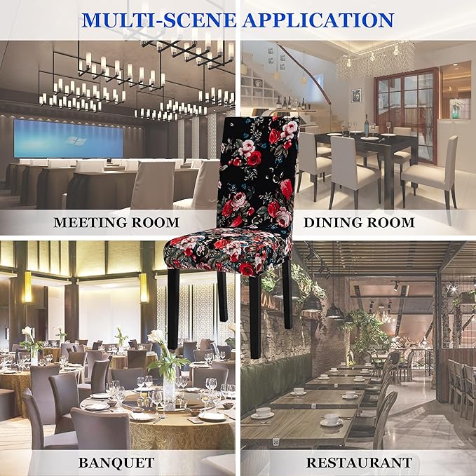 Sufdari Dining Chair Covers,Kitchen Chair Cover,Parsons Chair Slipcover,Spandex Chair Protectors for Dining Room Stretch Chairs Cover Set of 6 -Black Rose