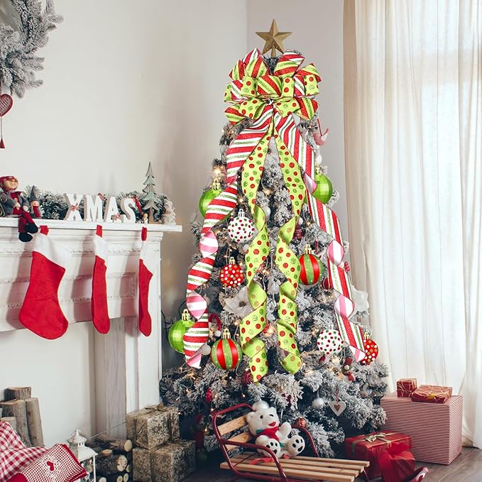 Christmas Tree Topper Wreath Bow Large Green Christmas Bow Tree Topper with Red Green Dot Patterned Gift Bows for Xmas Ornament Holiday Home Thanksgiving Indoor/Outdoor Decoration 52"x13"